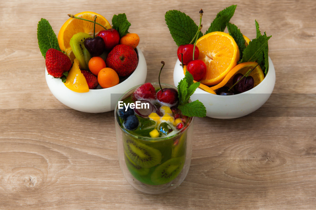 HIGH ANGLE VIEW OF FRUITS IN GLASS ON TABLE