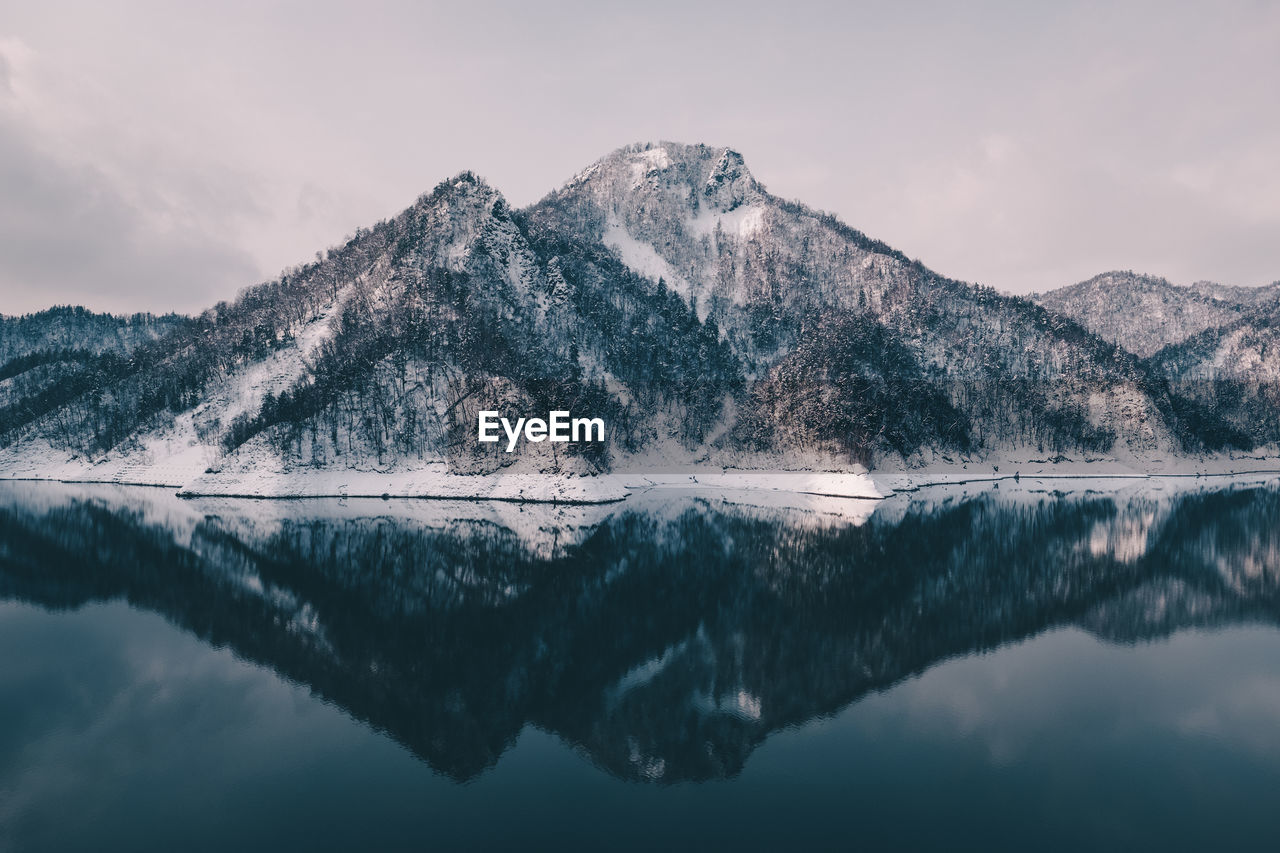 Scenic view of lake and snowcapped mountains against sky