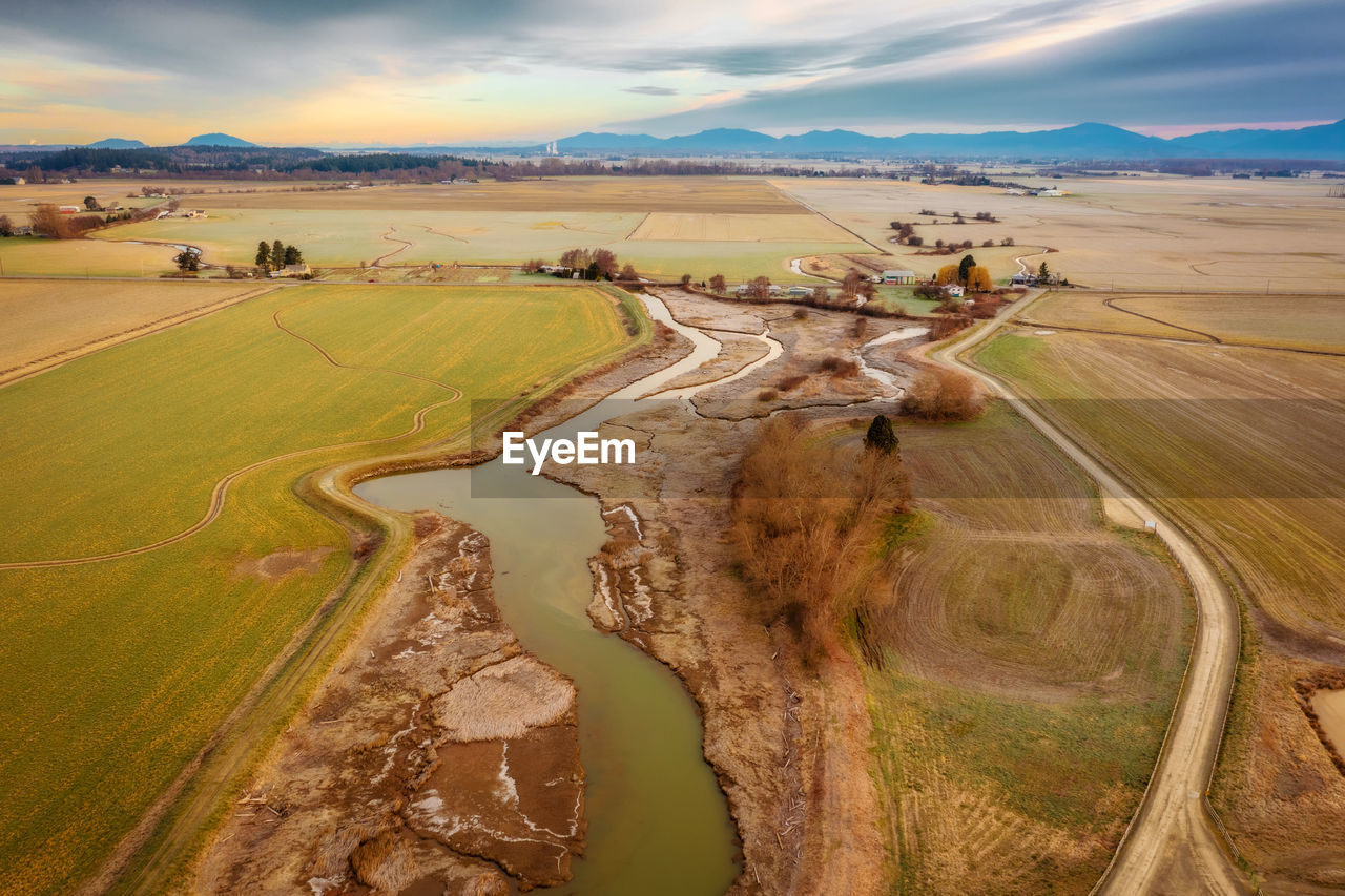 Aerial view of the estuary in this skagit wildlife area located in the skagit valley, washington.