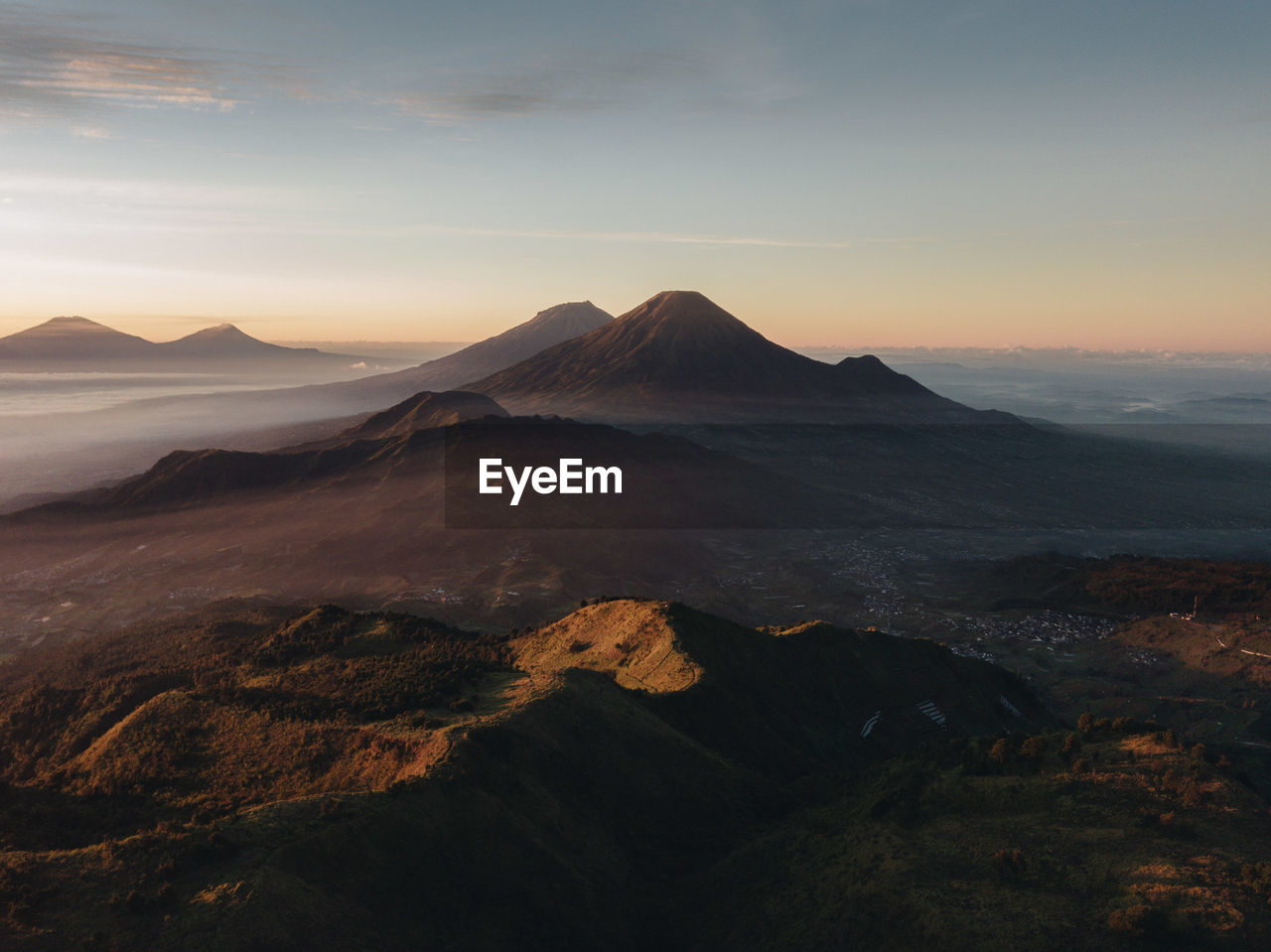 Scenic view of mt sumbing and mt sindoro from mt prau in central java, indonesia 