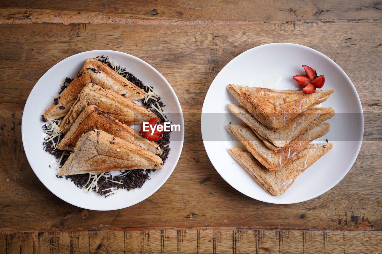 High angle view of breakfast served on table