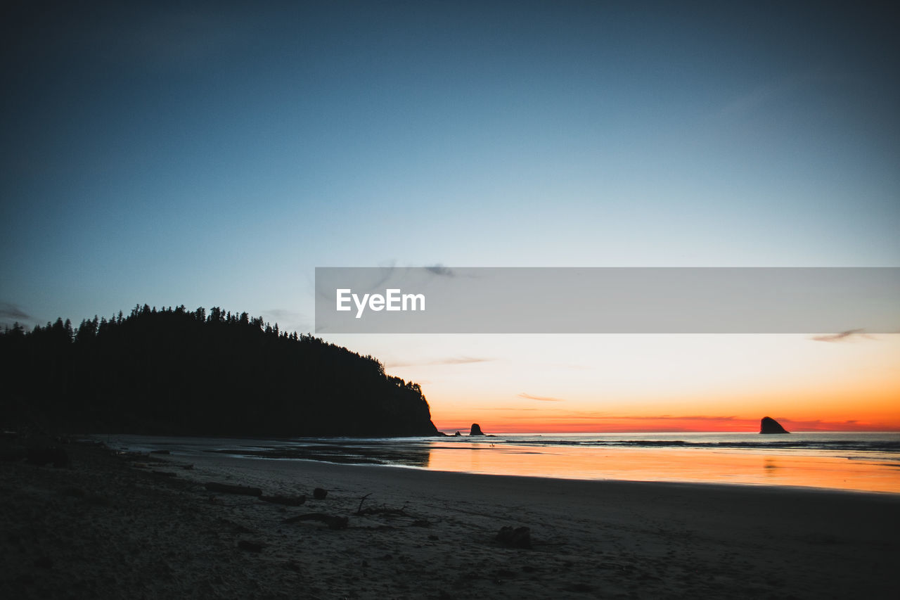 SCENIC VIEW OF BEACH AGAINST SKY DURING SUNSET