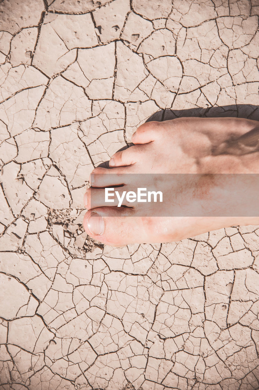Close-up of human foot on dry barren land