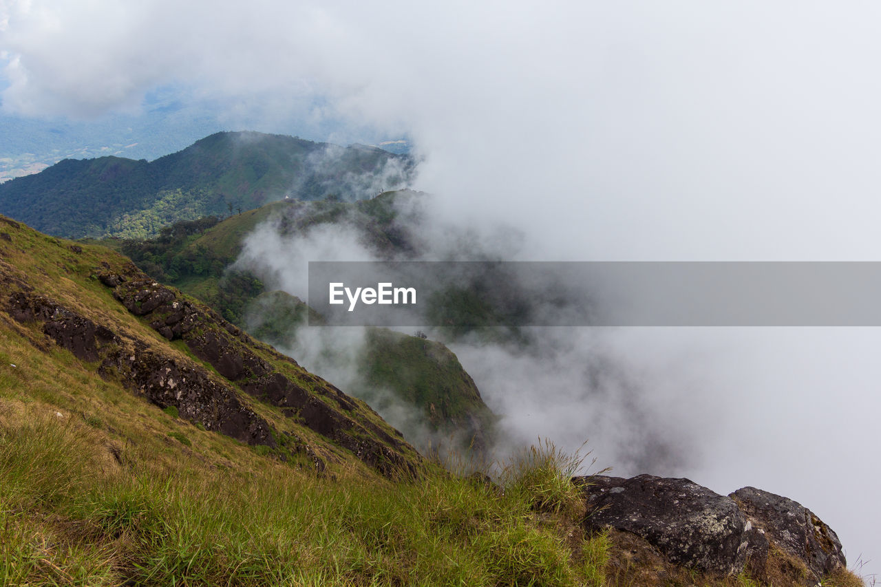 Scenic view of waterfall against sky