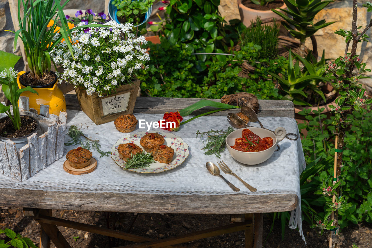 HIGH ANGLE VIEW OF POTTED PLANT ON TABLE AT YARD