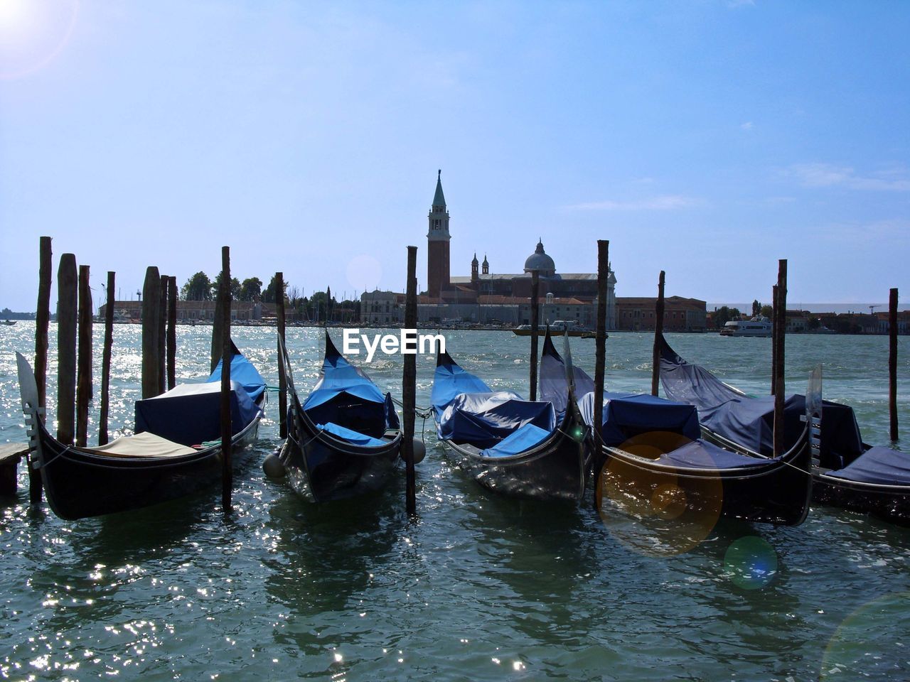 Gondolas in a row in venice 