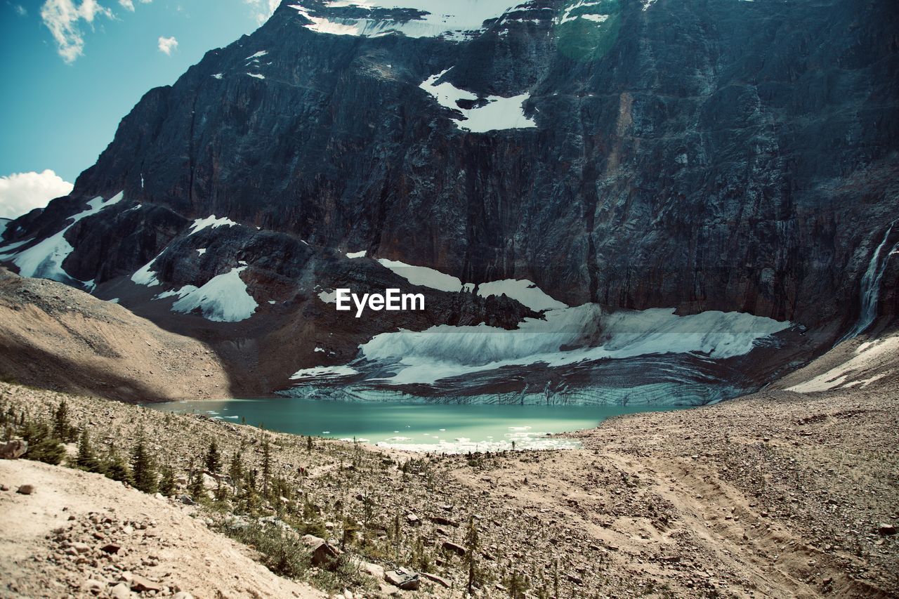 Scenic view of snowcapped mountains against sky and a lake