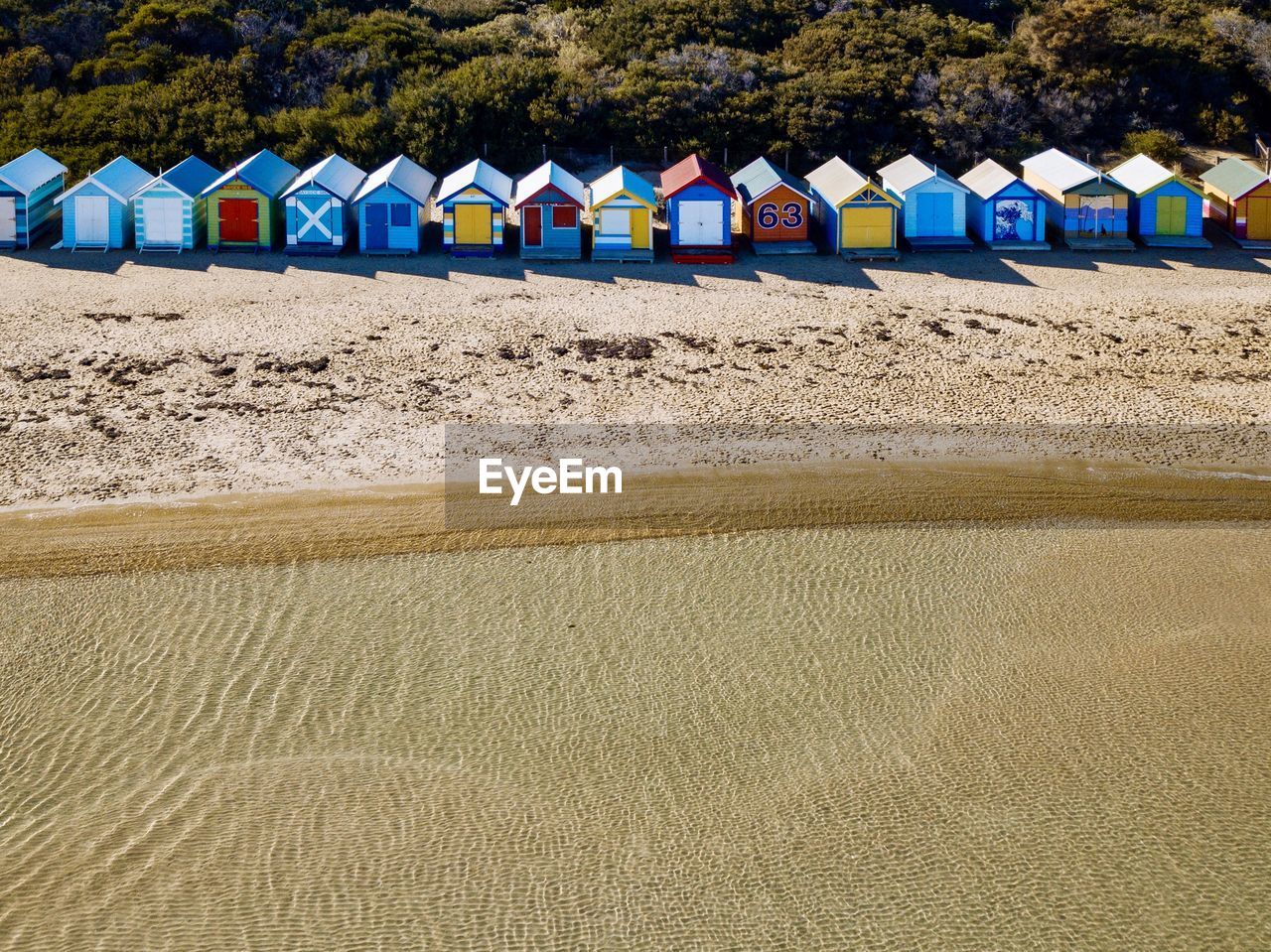 An aerial view of the colourful boat houses at the brighton beach in melbourne