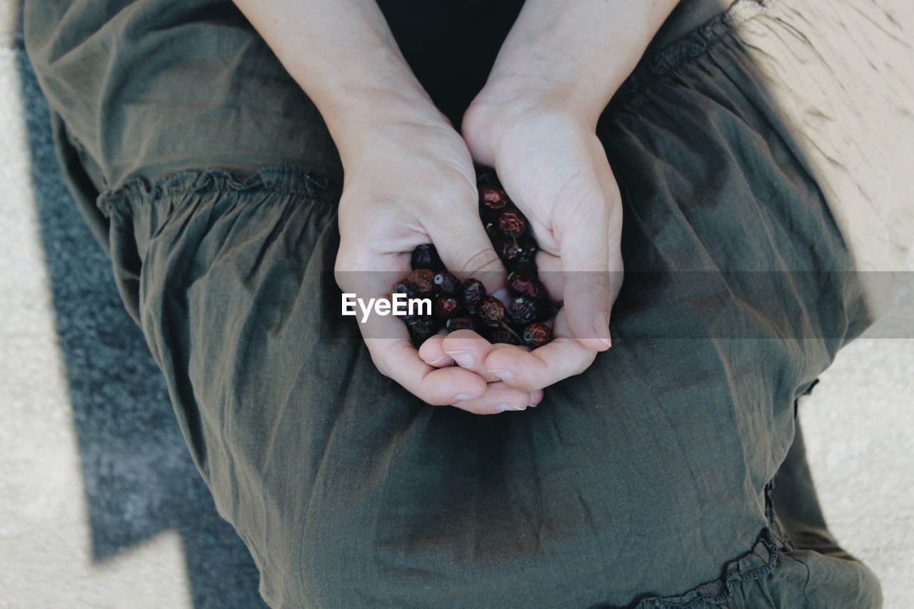 Midsection of woman holding dried fruit