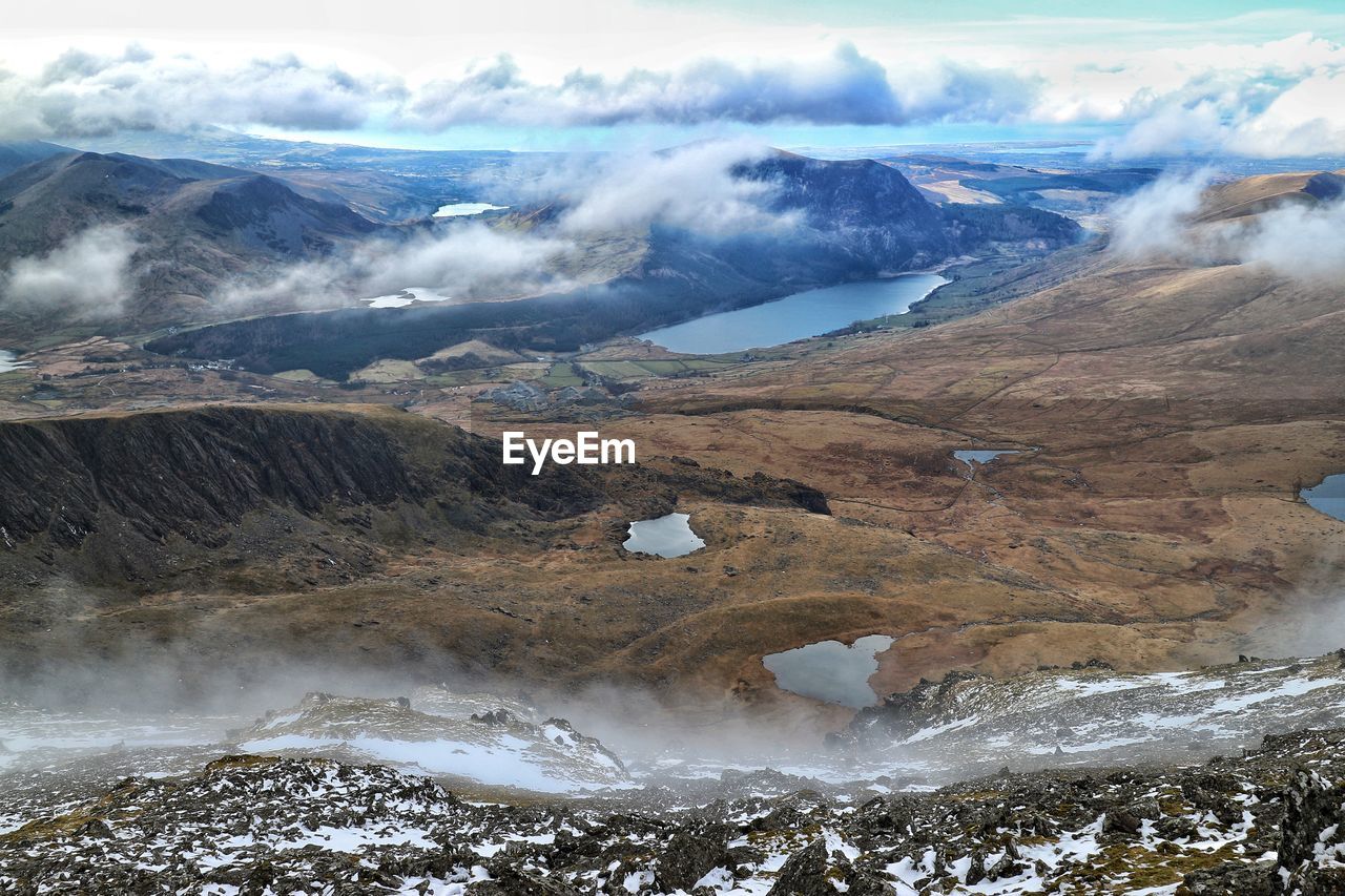 Aerial view of lake against cloudy sky