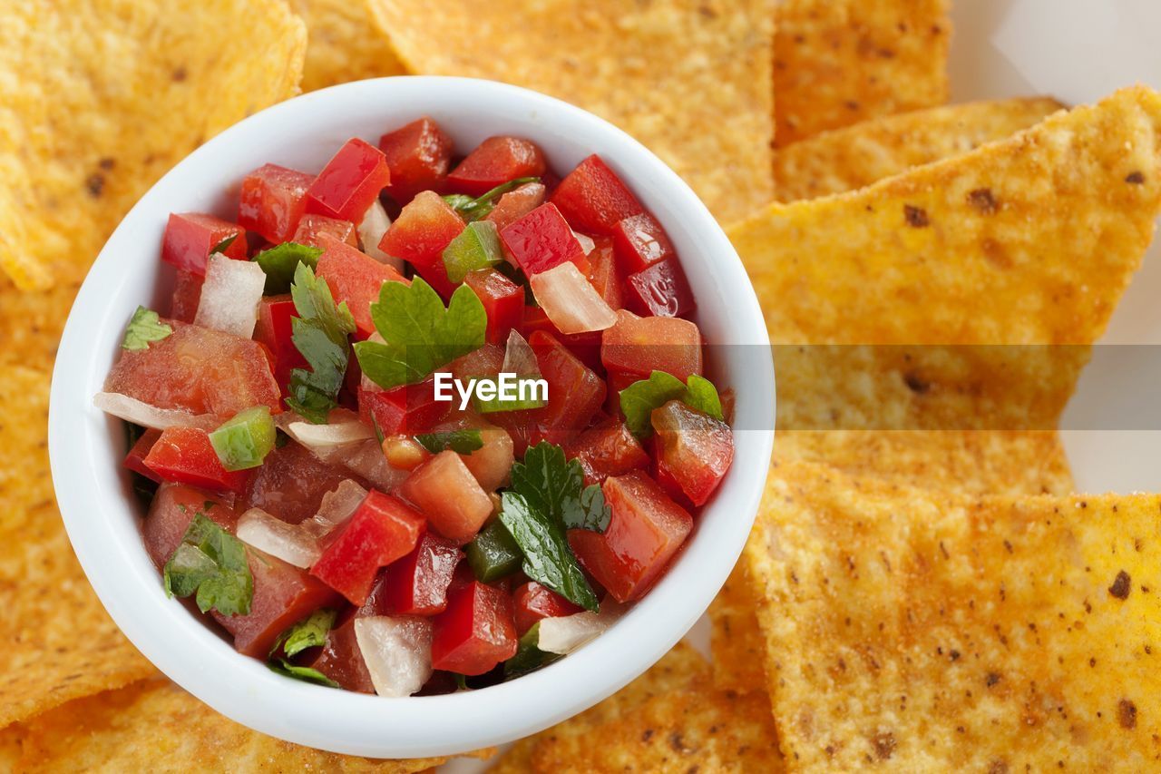 High angle view of nacho with salad in bowl