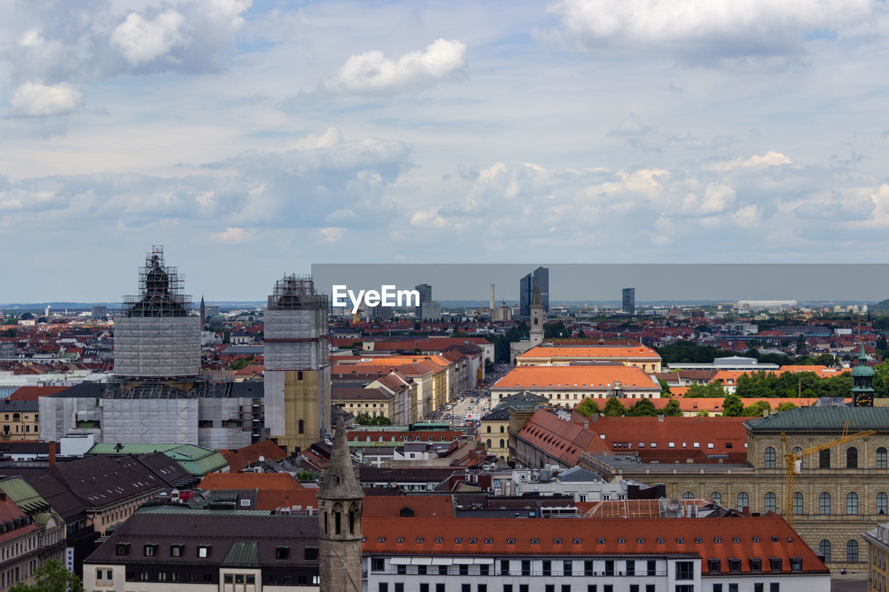 High angle shot of townscape against sky