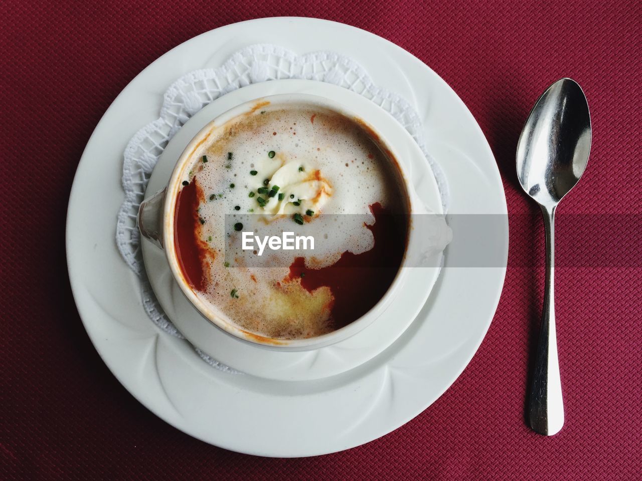 High angle view of soup served on table