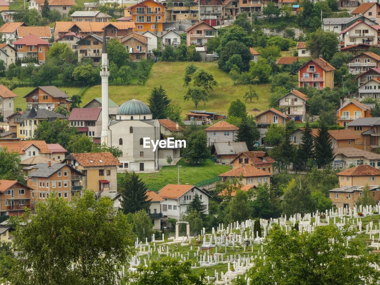 High angle view of buildings in town