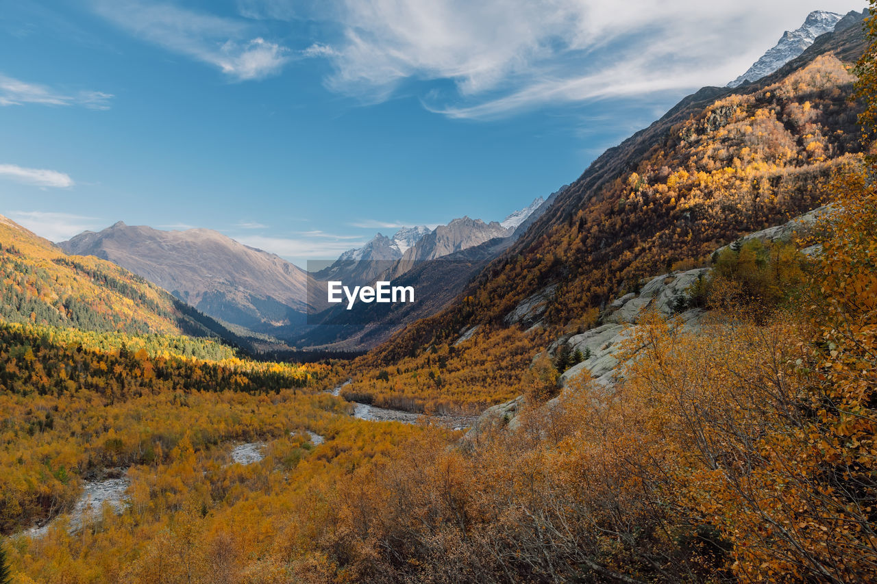 high angle view of trees and mountains against sky