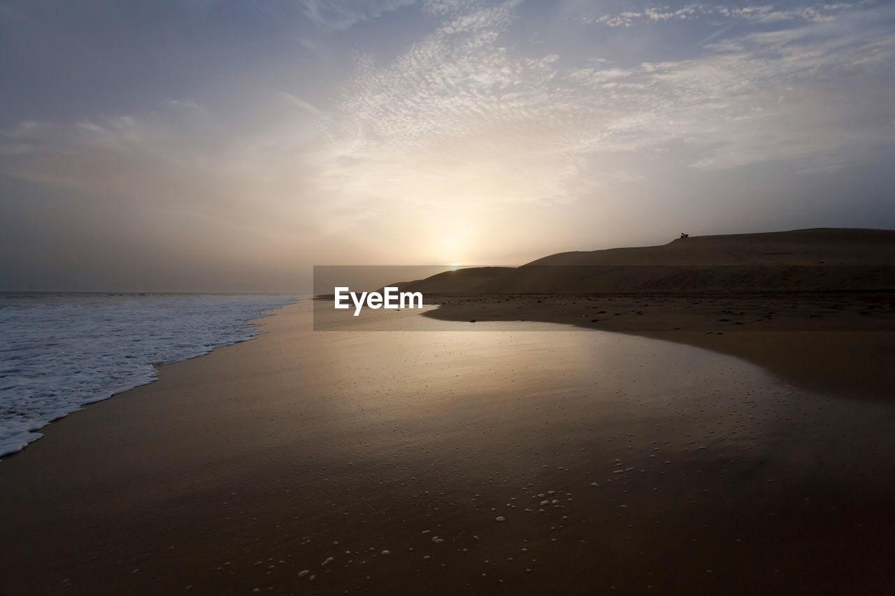 Scenic view of calm beach and sea at sunset