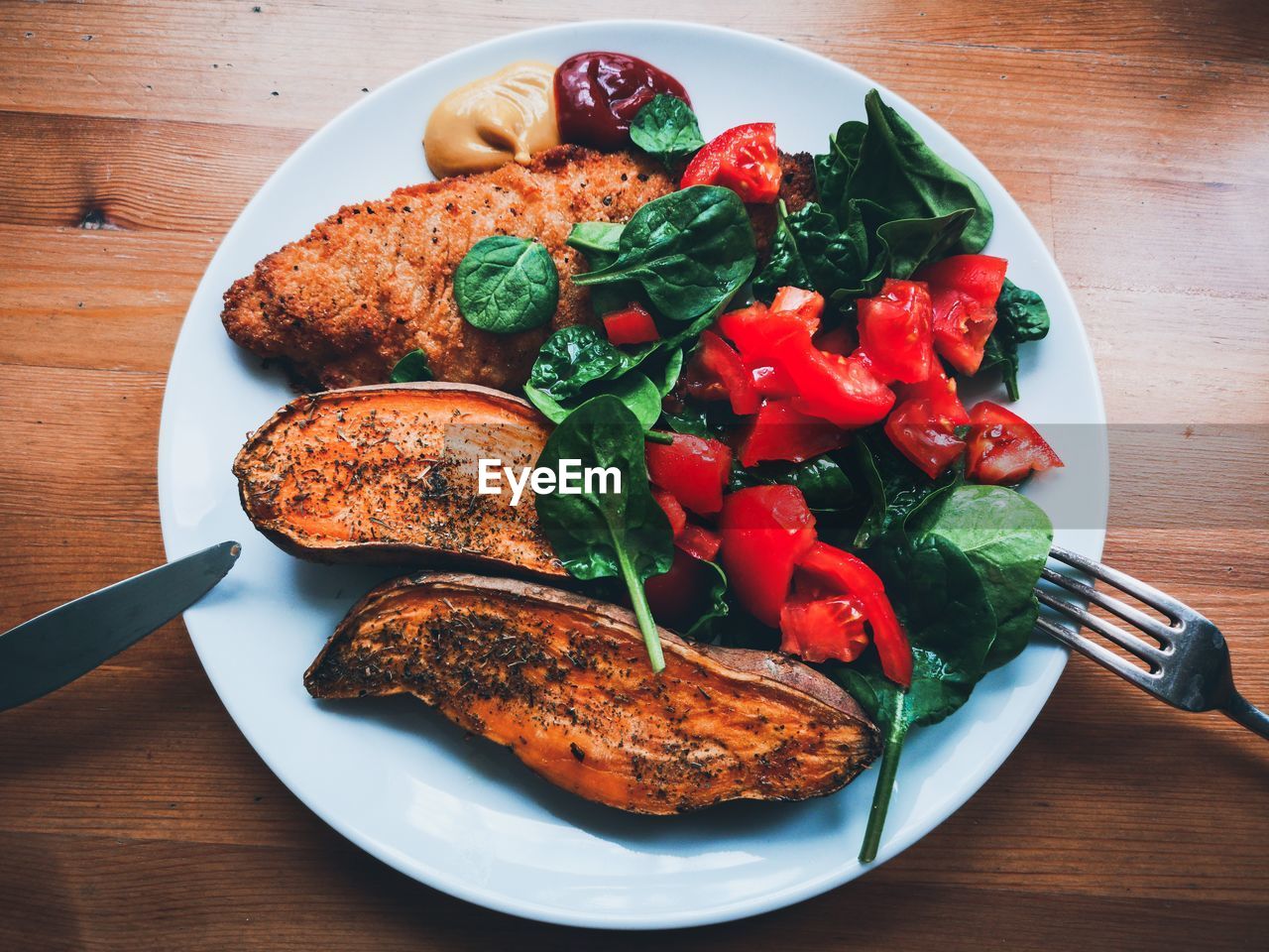 High angle view of breakfast served on table