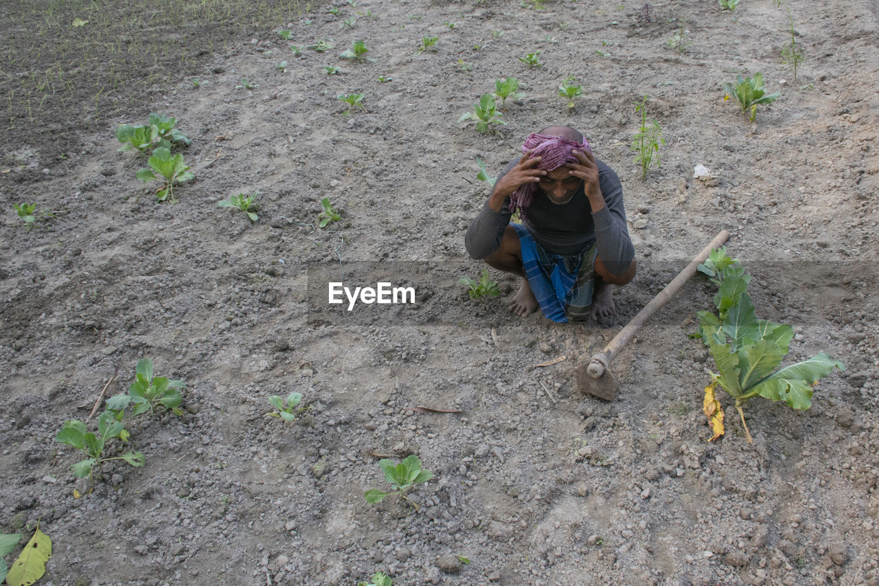 HIGH ANGLE VIEW OF PERSON HOLDING UMBRELLA ON LAND
