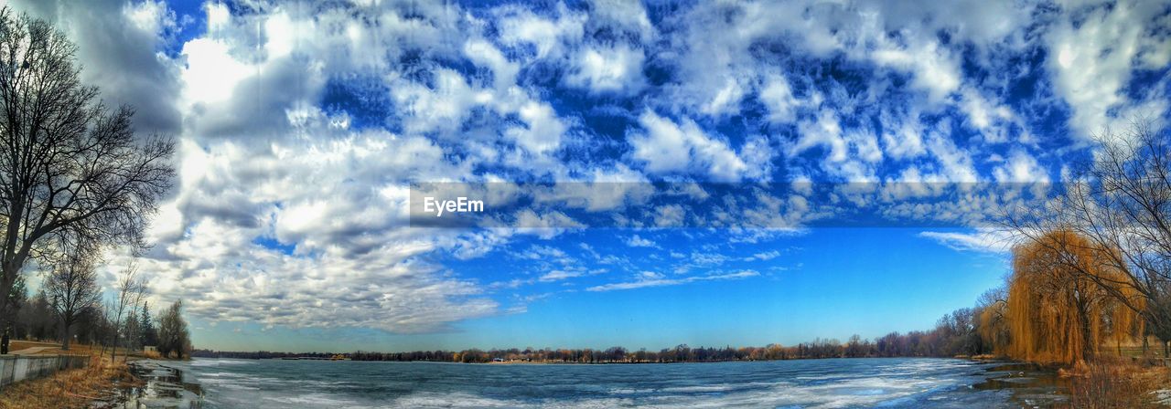 Scenic view of lake against cloudy sky