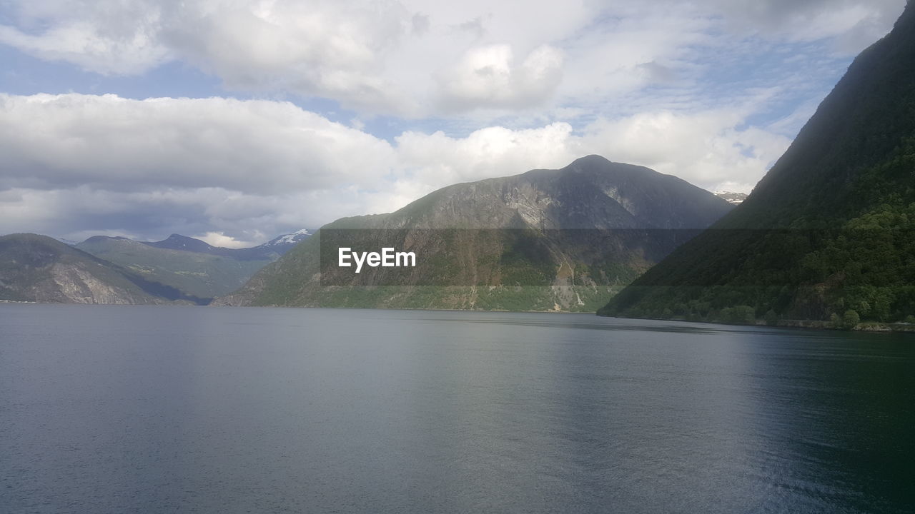 Scenic view of lake and mountains against sky