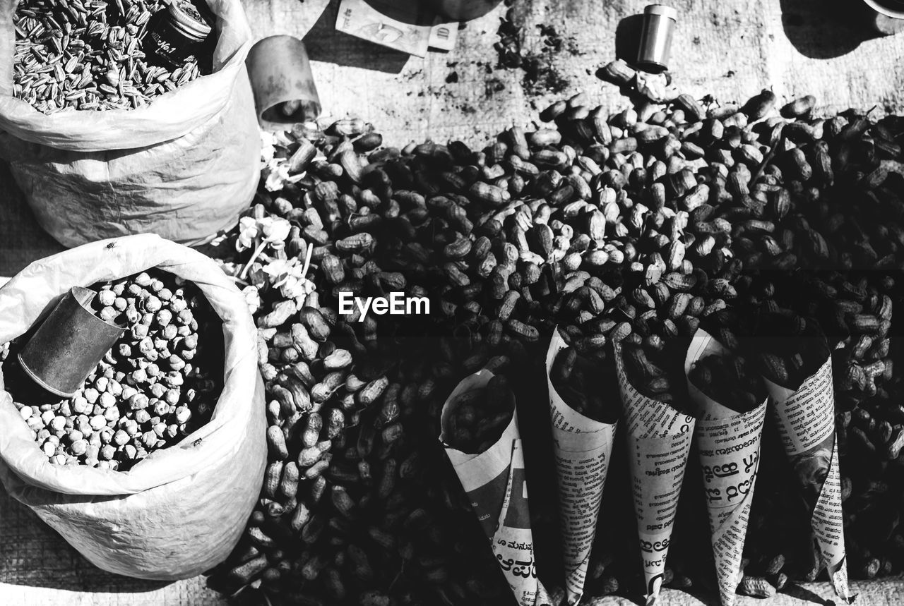 High angle view of peanuts for sale at market
