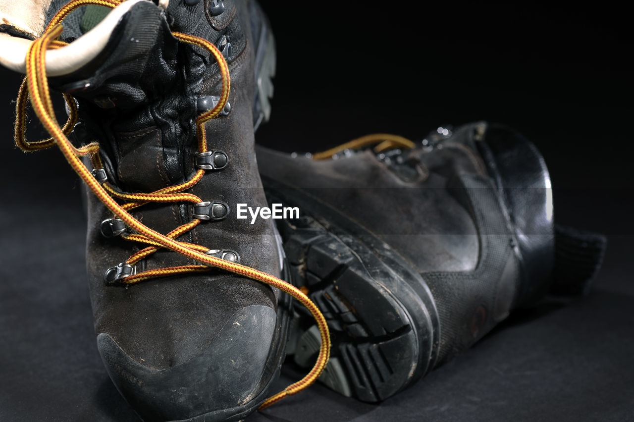 CLOSE-UP OF SHOES ON BLACK