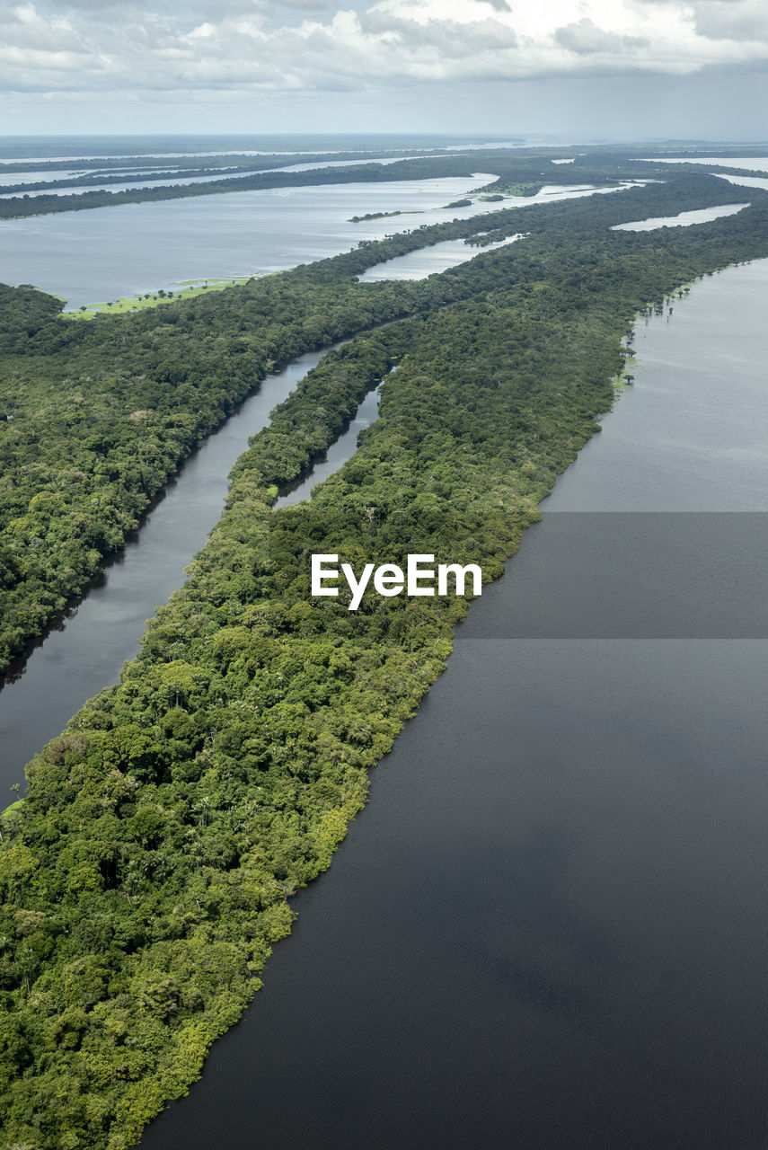 Beautiful aerial view to negro river green amazon island archipelago