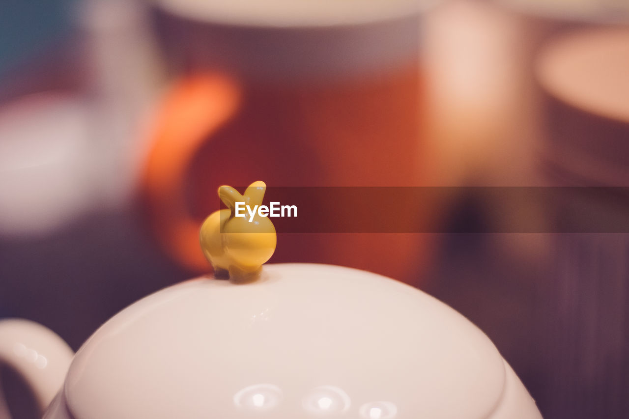 CLOSE-UP OF STUFFED TOY ON TABLE AT ILLUMINATED ROOM