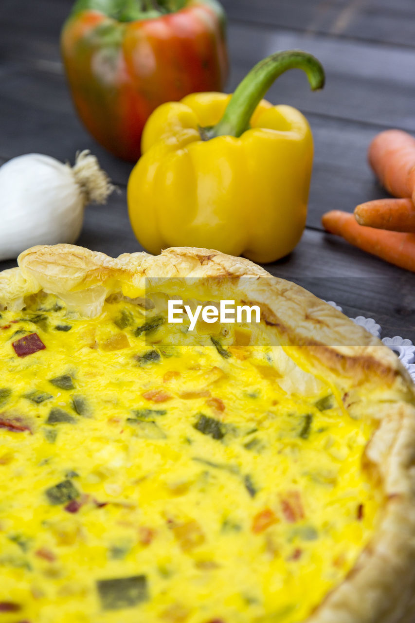 High angle view of food by ingredients on table