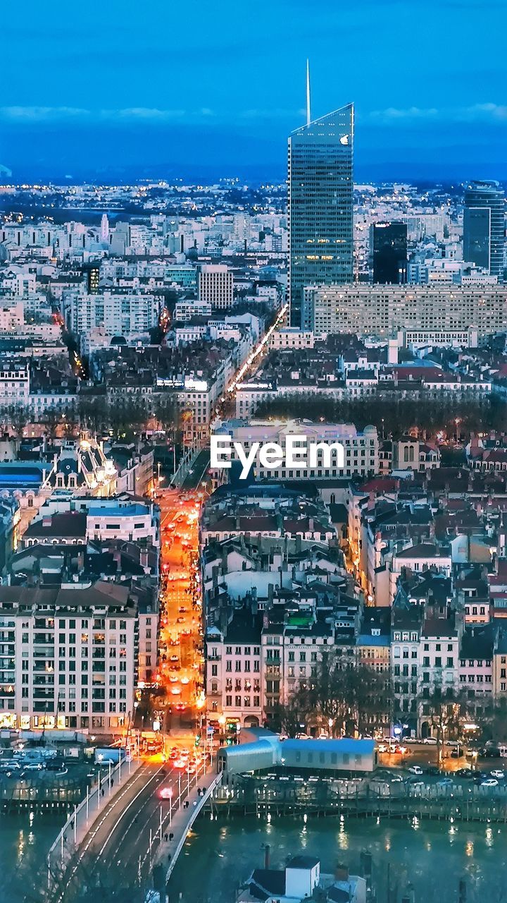 High angle view of buildings in city