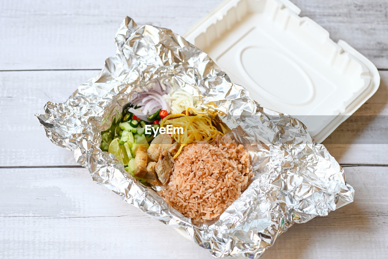 directly above shot of food in plate on table