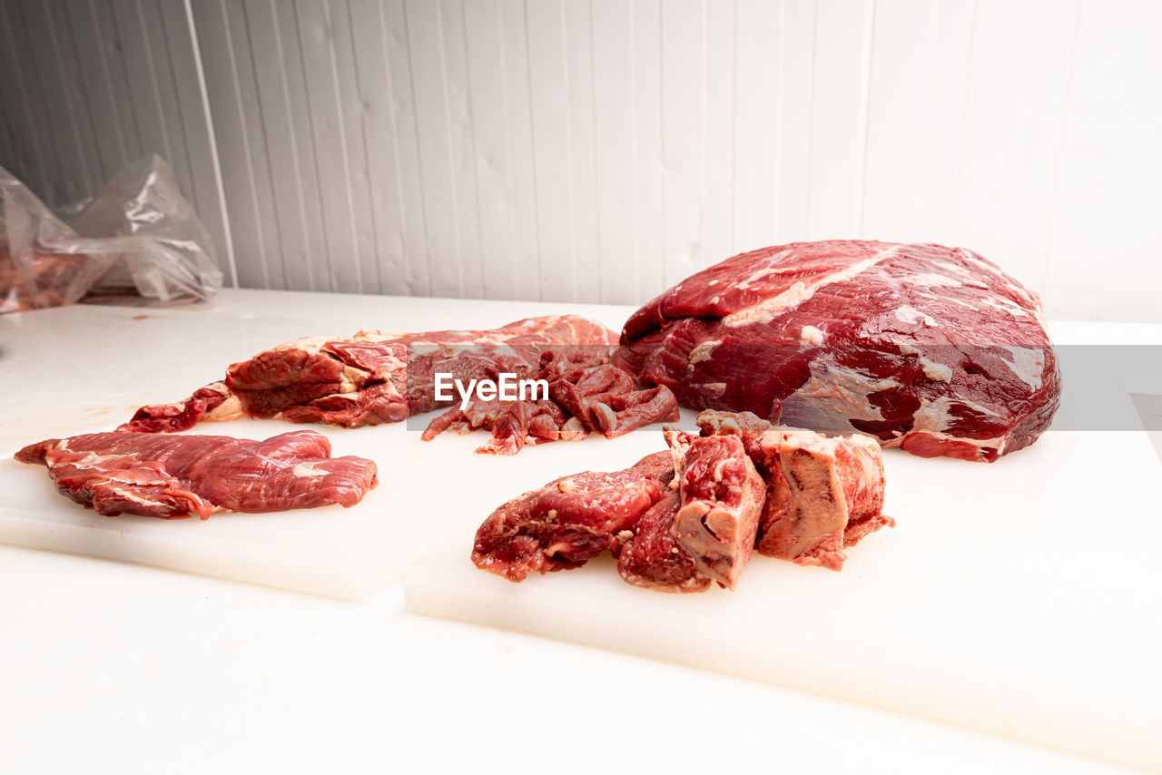 high angle view of meat on table