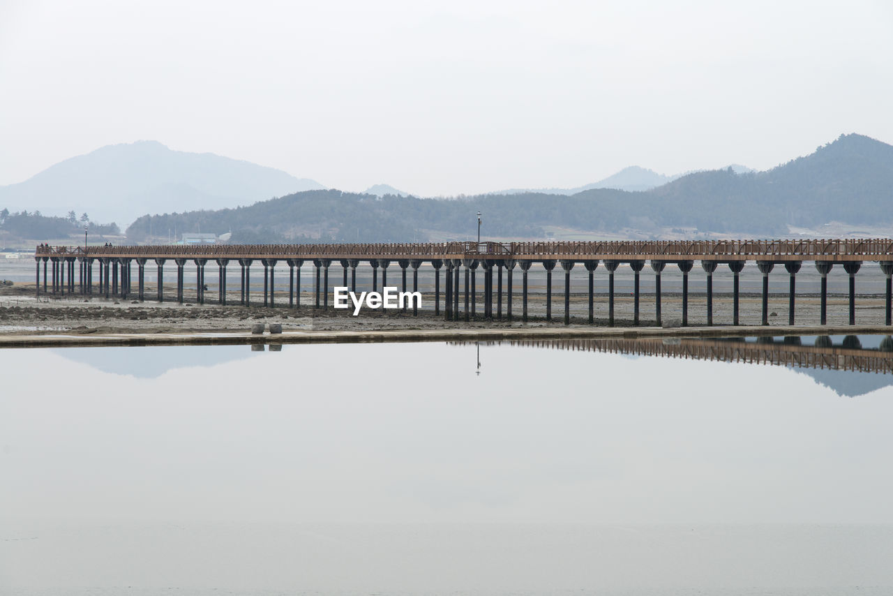 Pier over lake against clear sky