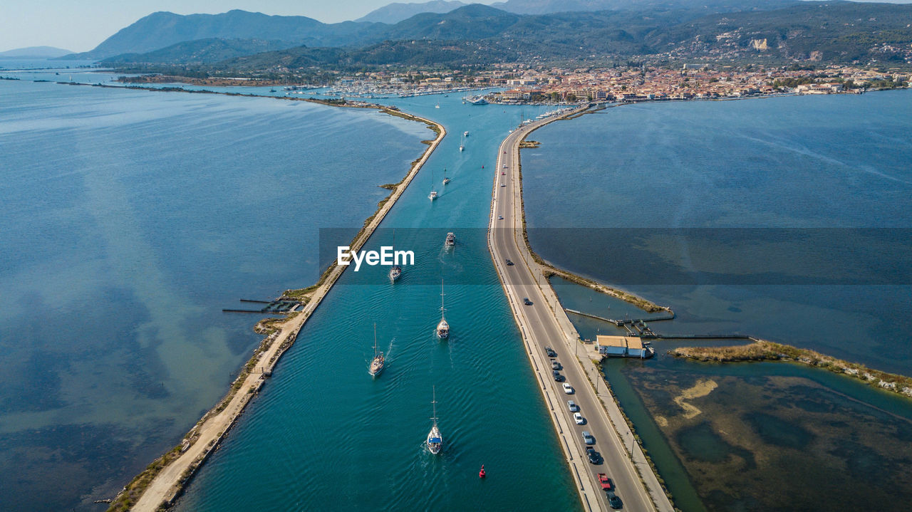 High angle view of highway by sea