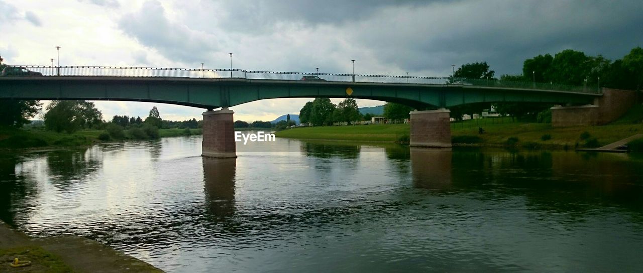 Bridge over river against cloudy sky