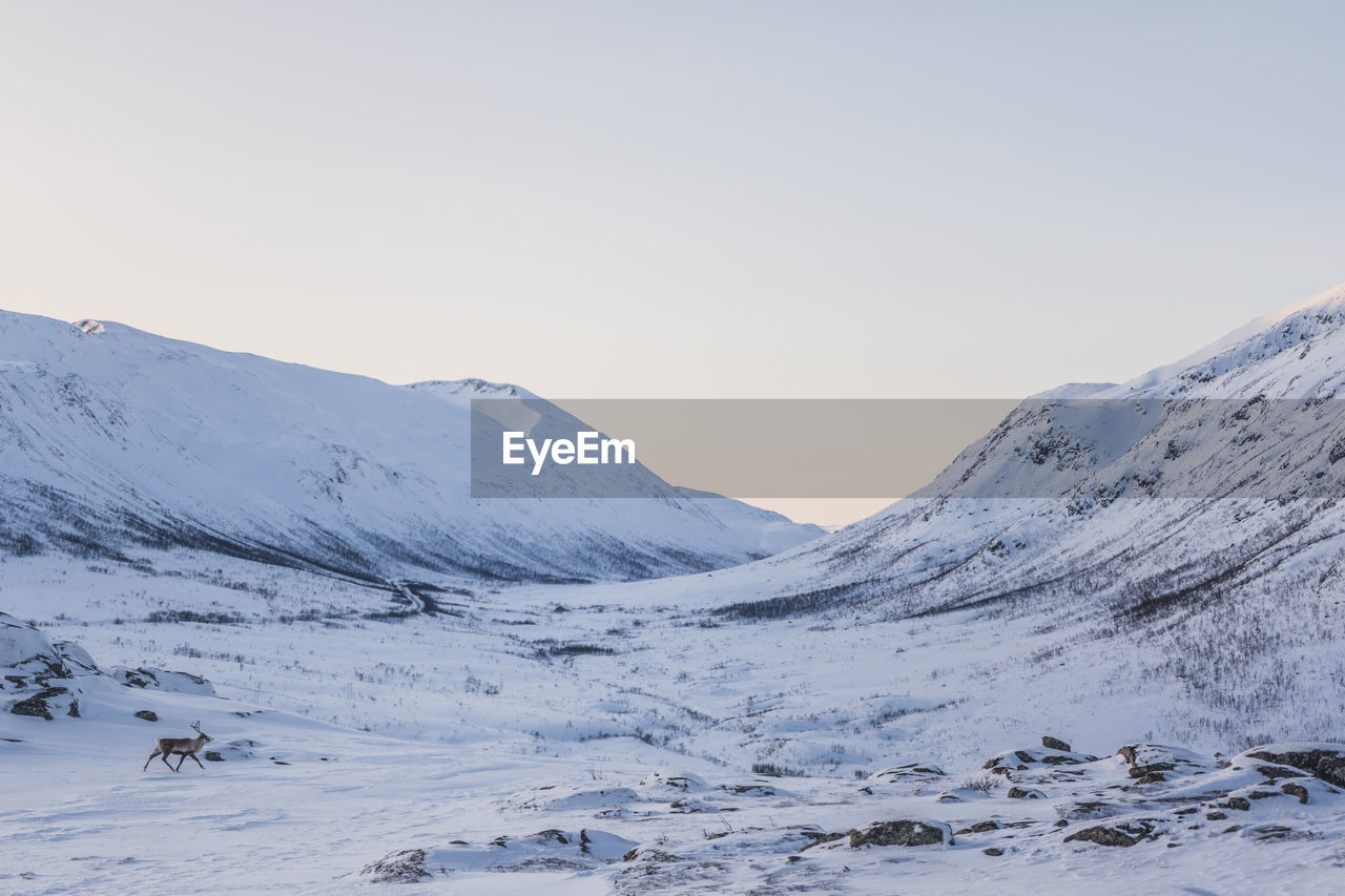 Scenic view of snow mountains against clear sky