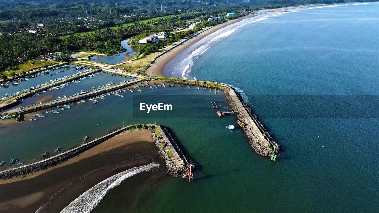 Beautiful aerial view, panoramic beach in pangandaran, west java - indonesia.