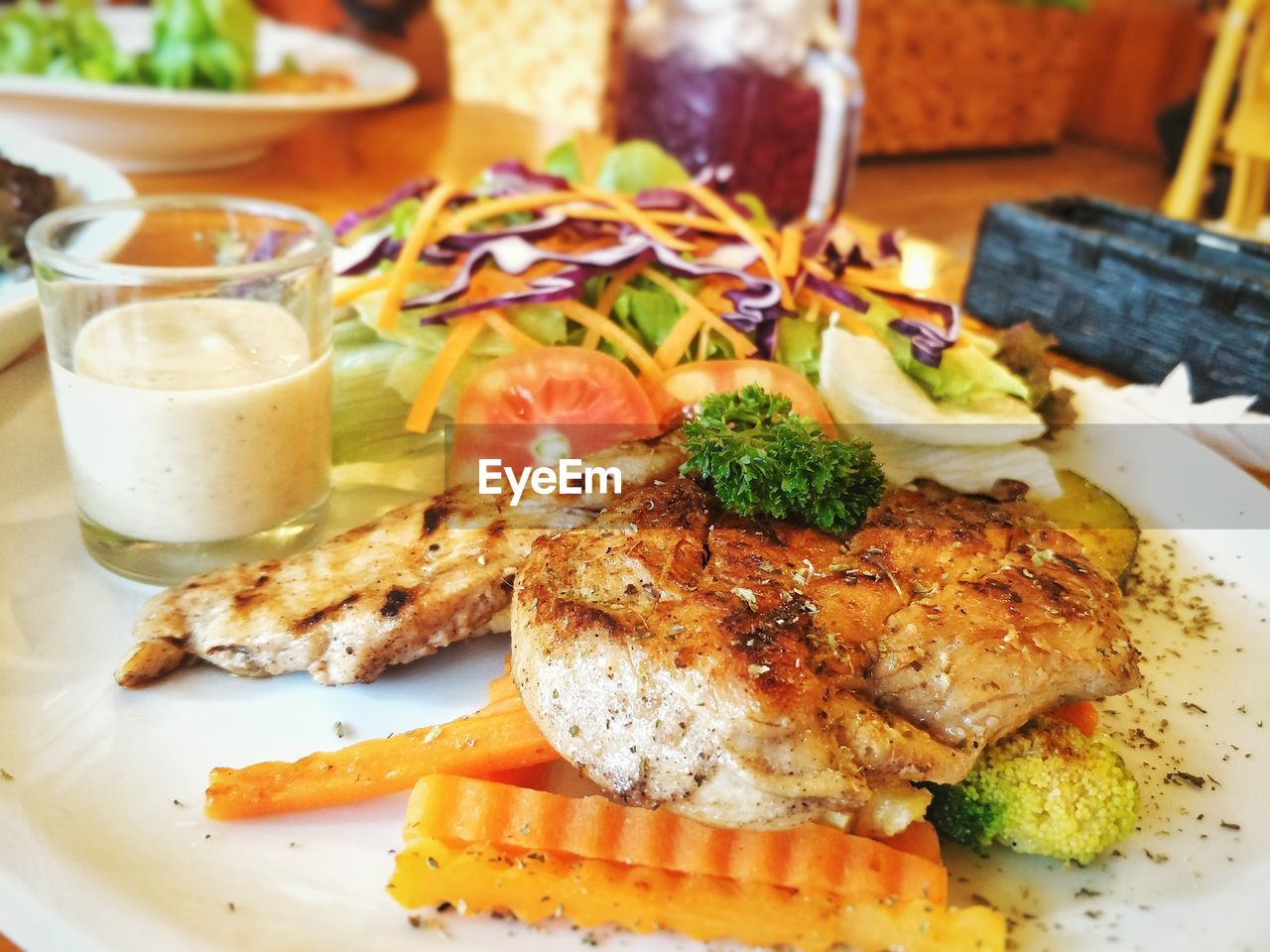 Close-up of food served on table