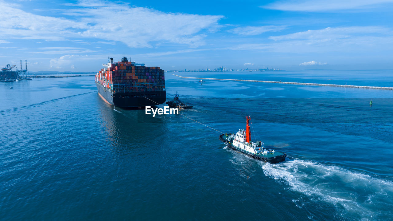 high angle view of boat in sea against sky