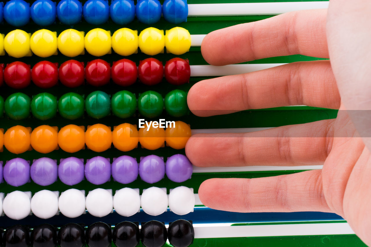 Close-up of hand over multi colored abacus