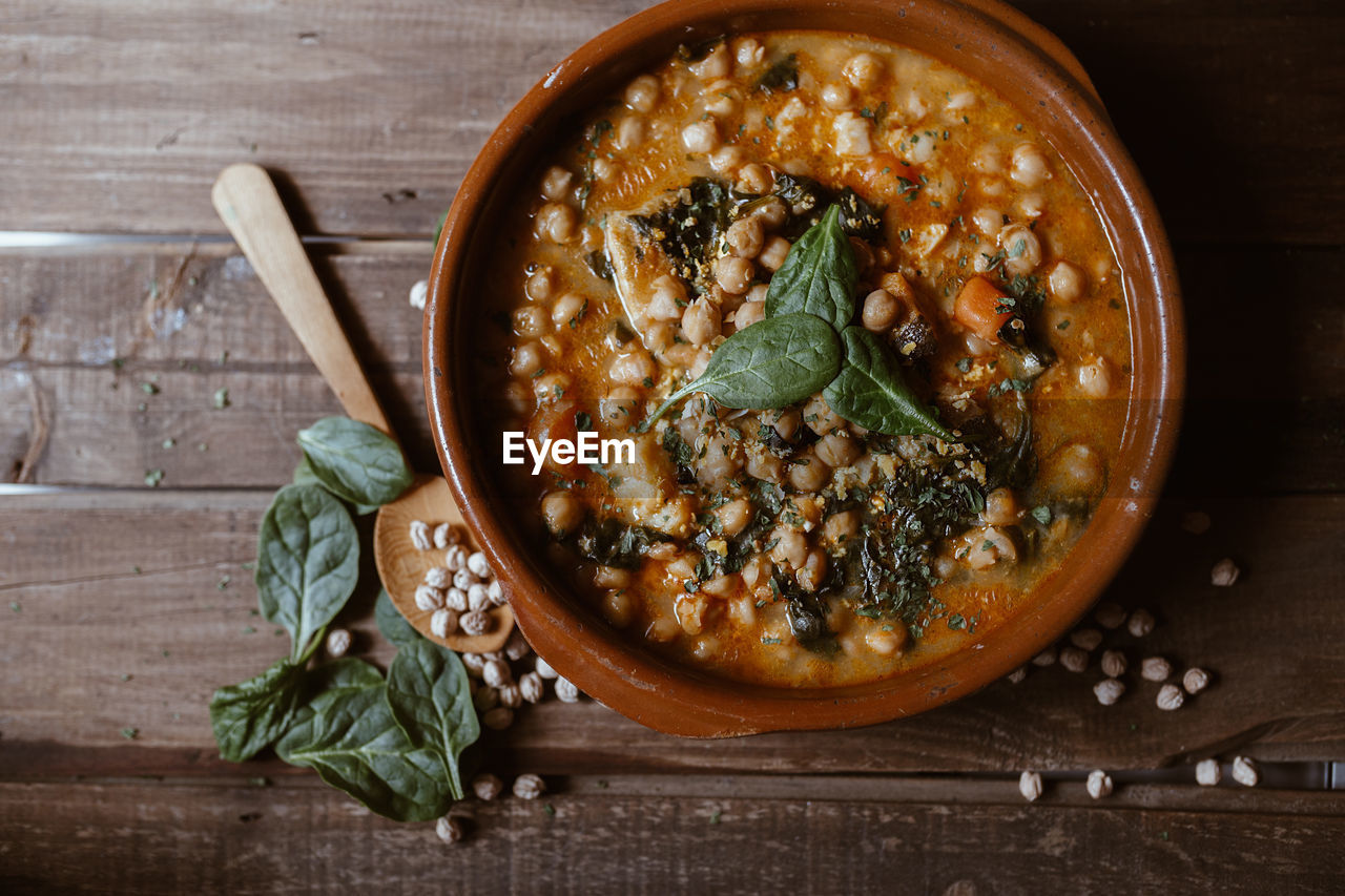 Vegan food north spain food. chickpeas with chard. potaje is a typical spanish dish.