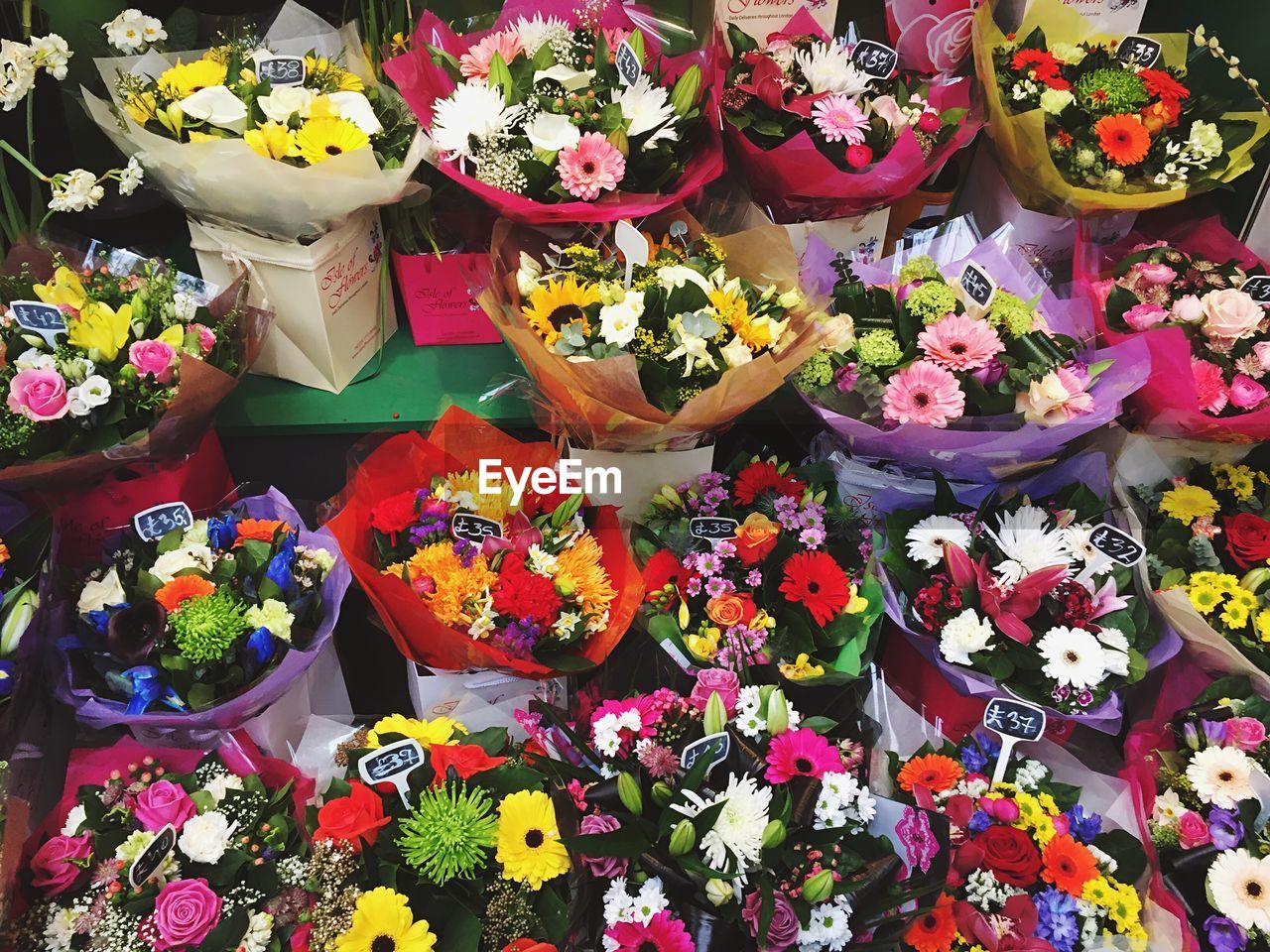 High angle view of fresh bouquets at store