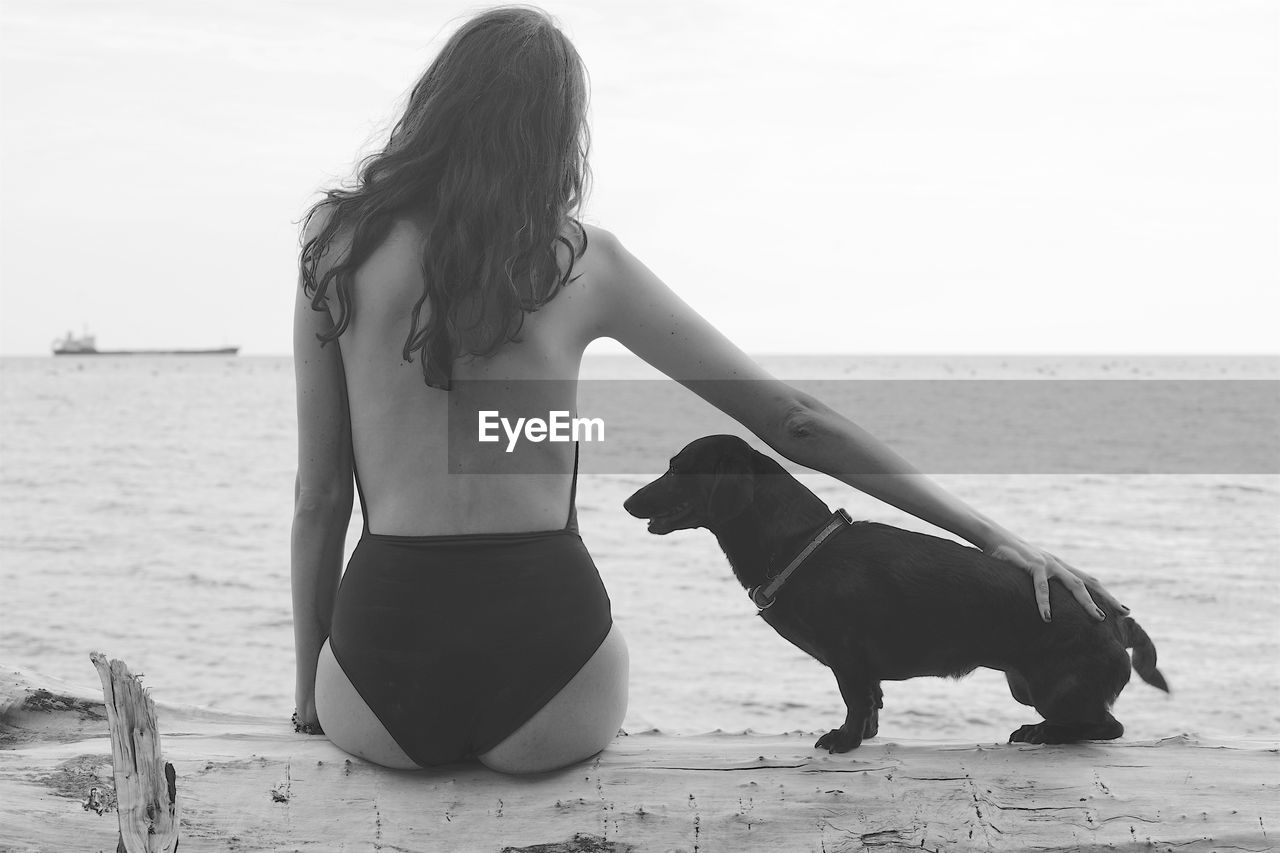 Rear view of woman in swimsuit sitting dog sitting on fallen tree trunk at beach against sky