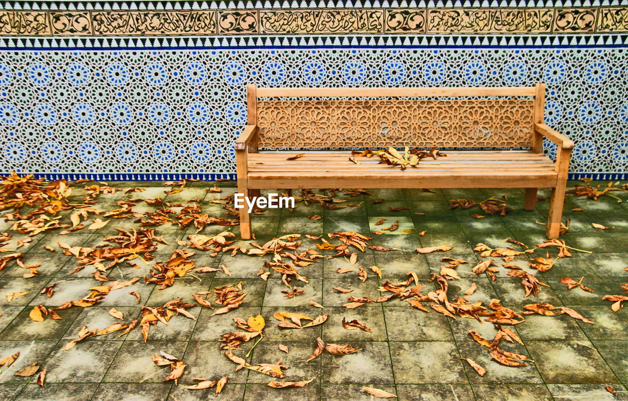 Empty bench on footpath covered with fallen dry leaves