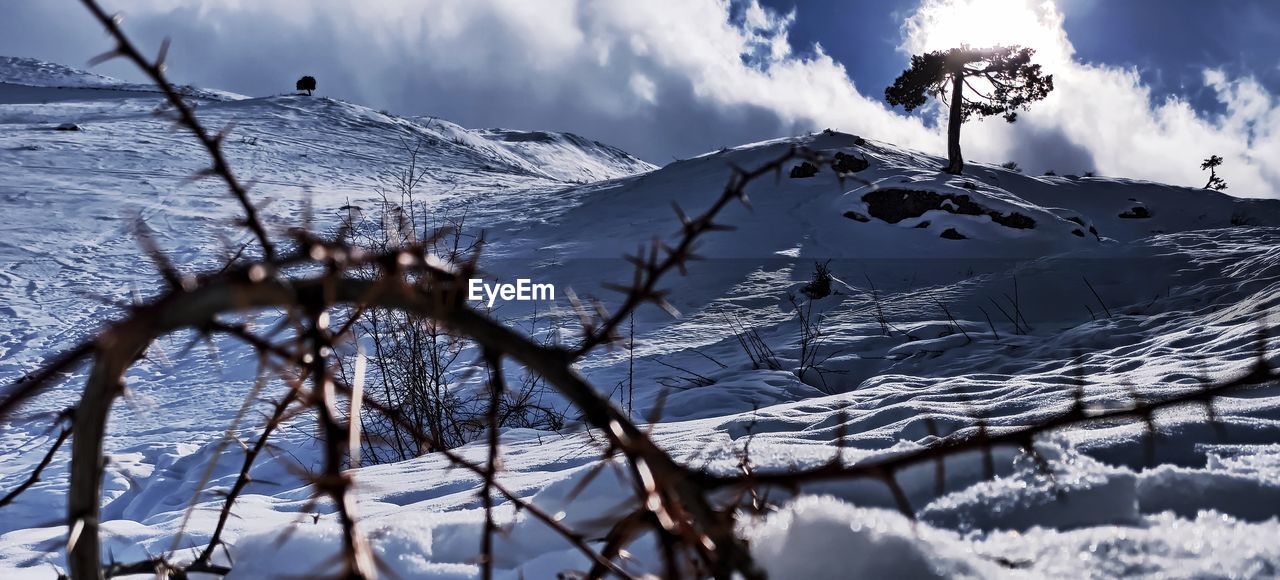 Scenic view of snow covered mountains against sky