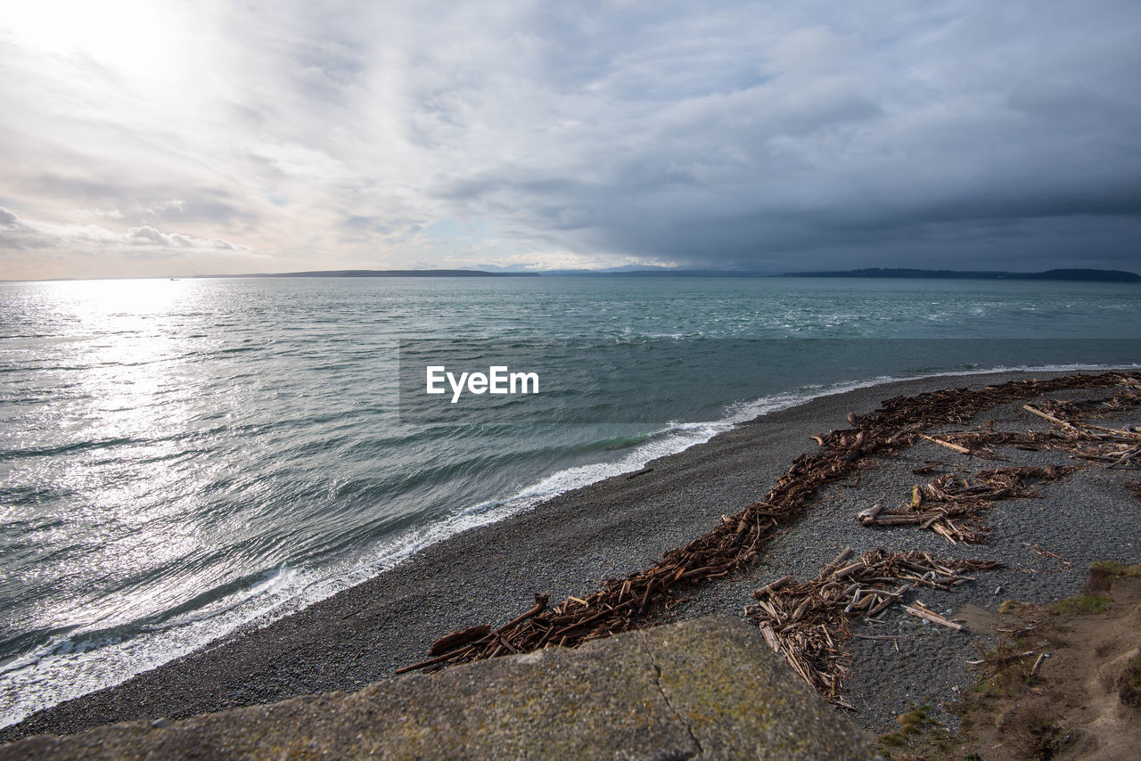 High angle landscape of beach, ocean and clouds at fort casey state park in coupeville, washington
