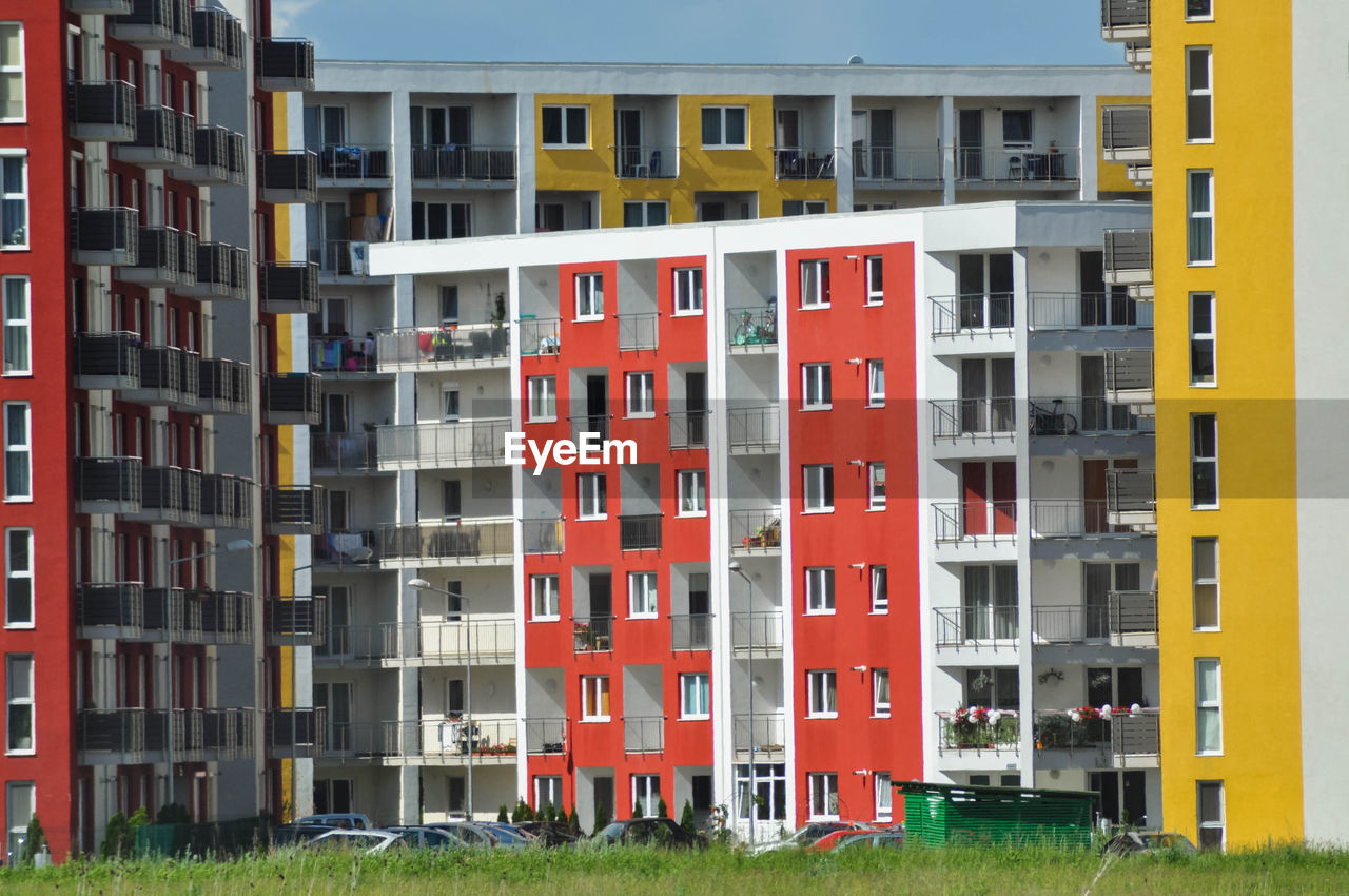 Colorful flat of blocks, residential area, modern neighborhood in romania