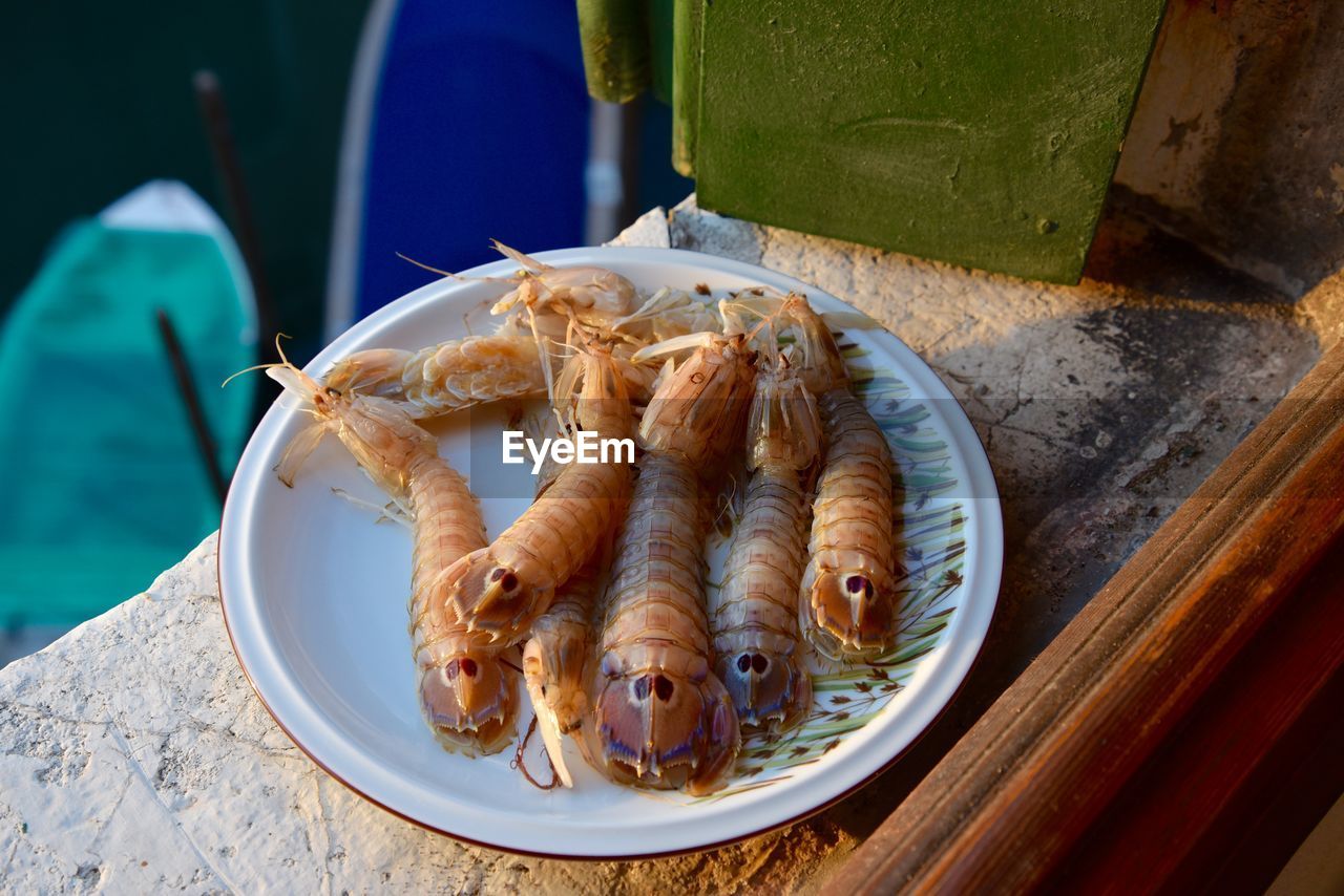 High angle view of fish on plate