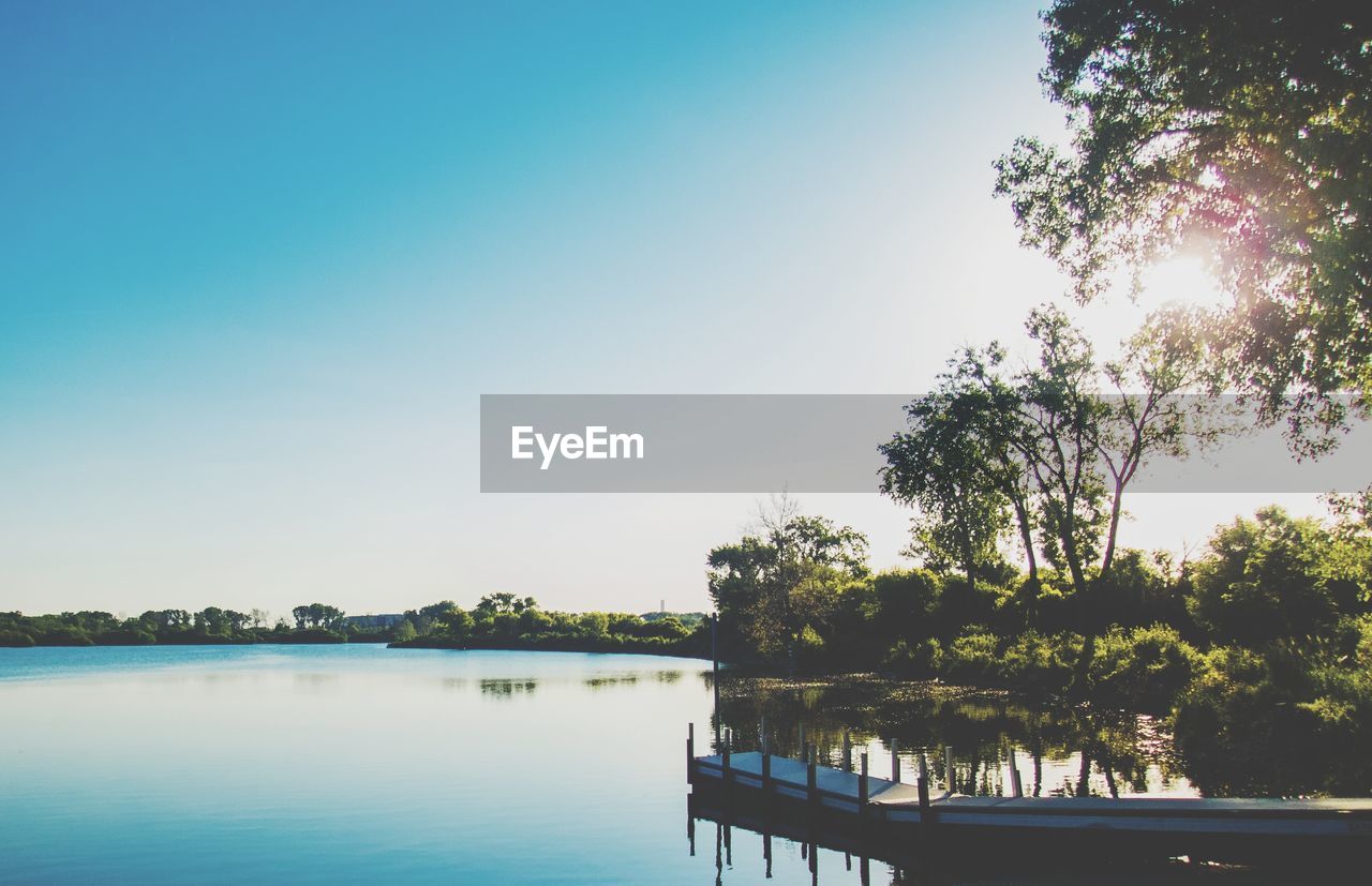 SCENIC VIEW OF LAKE AGAINST CLEAR BLUE SKY