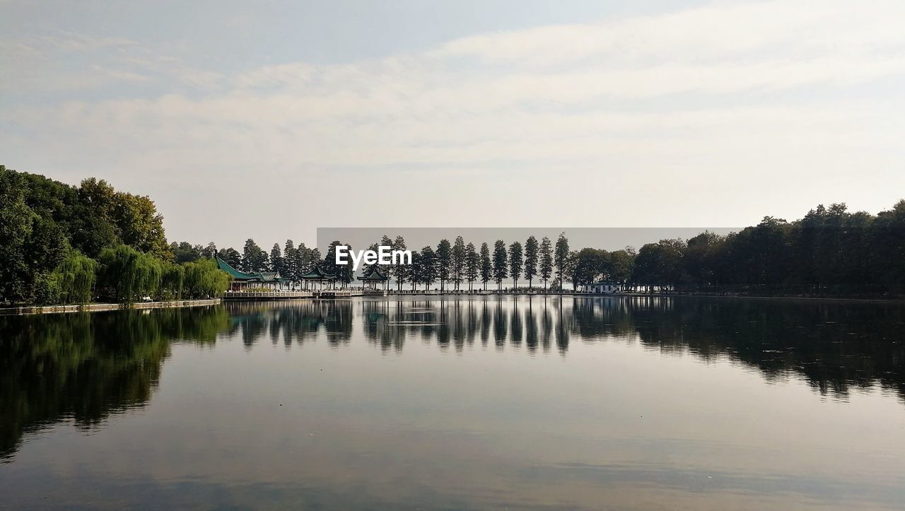 Reflection of trees in lake against sky